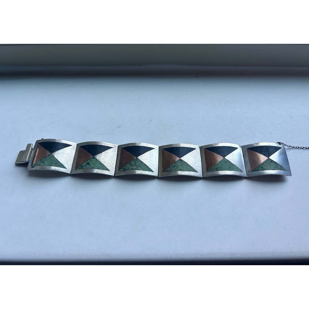 Los Castillo Taxco Bracelet Mexican Sterling Silver Malachite & Onyx 825 Cuff